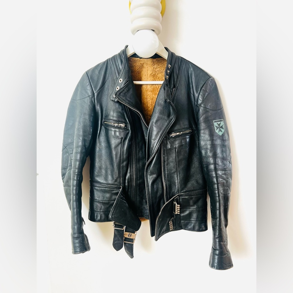 Vintage German Motorcycle Leather Jacket by Harro. Black, Rare. Small.